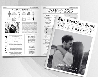 Vorlage für ein Zeitungs-Hochzeitsprogramm, bearbeitbares Hochzeitszeitungsprogramm, gefaltetes Hochzeitsprogramm, Hochzeitszeitung Canva Edit, DIY, #8303