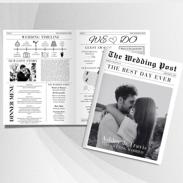 Plantilla de programa de boda de periódico, programa de periódico de boda editable, programa de boda plegado, edición de Canva de periódico de boda, bricolaje, #8303