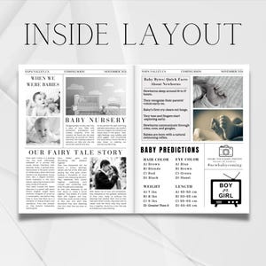 May include: A black and white newspaper-style announcement for a baby shower. The announcement includes a photo of a baby, a baby nursery illustration, a fairy tale story, and a section for baby predictions. The text includes the words "When We Were Babies", "Baby Nursery", "Our Fairy Tale Story", "Baby Predictions", "Boy or Girl", and "#newbabycoming".