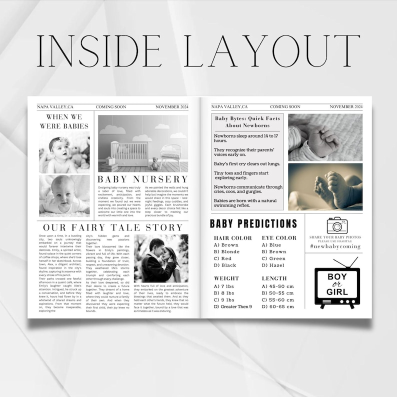 May include: A black and white newspaper-style announcement for a baby shower. The announcement includes a photo of a baby, a baby nursery illustration, a fairy tale story, and a section for baby predictions. The text includes the words "When We Were Babies", "Baby Nursery", "Our Fairy Tale Story", "Baby Predictions", "Boy or Girl", and "#newbabycoming".