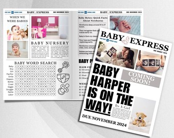 Large Newspaper pregnancy announcement template, New Baby News, Canva newspaper pregnancy announcement Baby shower games editable Newspaper