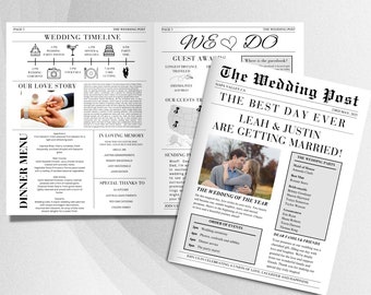 Newspaper Wedding Program Template, Editable Wedding Newspaper Program, Folded Wedding Program, Wedding Newspaper Canva Edit, DIY, #8303