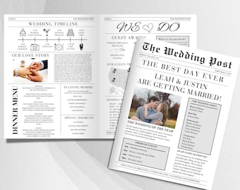 Zeitungs- Hochzeitsprogramm-Vorlage, bearbeitbares Hochzeitszeitungspapierprogramm, gefaltetes Hochzeitsprogramm, Hochzeitszeitung Canva Edit, DIY, #8303