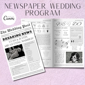 新聞の結婚式プログラム テンプレート、編集可能な結婚式新聞プログラム、折り畳み式結婚式プログラム、結婚式新聞 Canva 編集、DIY、#8303