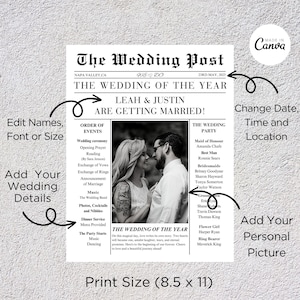 K&ouml;nnte beinhalten: Eine schwarz-wei&szlig;e Hochzeitsanzeige im Zeitungsformat mit der &Uuml;berschrift "The Wedding Post". Die Anzeige zeigt die Namen des Paares, Leah & Justin, und das Hochzeitsdatum, den 23. Mai 2025. Die Anzeige enth&auml;lt auch ein Foto des Paares und eine Liste der Hochzeitsg&auml;ste.