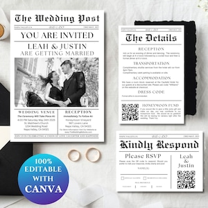 Pacote de modelos de convites de jornal de casamento, cartão de detalhes de RSVP, código QR de convite de casamento moderno para impressão, papelaria personalizável, LM1004