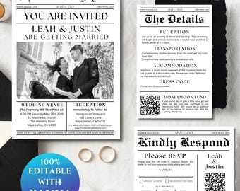 Wedding Newspaper Invitation Template Bundel, RSVP Details Card, Wedding Invite QR Code Modern Printable, Customizable Stationary, LM1004