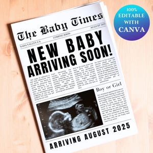 Canva Newspaper Pregnancy Announcement, Baby On the Way Pregnancy Reveal Custom Newspaper Template for Baby Shower, Large Newspaper Edit New