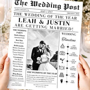 Può includere: Un annuncio di matrimonio intitolato "The Wedding Post" con il titolo "Leah & Justin si sposano!" L'annuncio include una foto della coppia, i dettagli del corteo nuziale e una timeline del matrimonio.