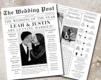 Zeitung Hochzeitsprogramm Vorlage, Bearbeitbares Hochzeitszeitungszeitungsprogramm, Doppelseitiges Hochzeitsprogramm, Hochzeitszeitung Canva Edit, DIY 8303