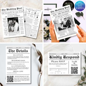 May include: Four black and white printable wedding invitation templates with a newspaper theme. The templates include a wedding announcement, a wedding timeline, details of the reception, and a RSVP card. The templates are editable with Canva.
