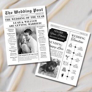 Puede incluir: Anuncio de boda en blanco y negro estilo periódico con una foto de la pareja, una lista de los miembros de la boda y una línea de tiempo de los eventos de la boda. El titular dice "La boda del año" y presenta los nombres de la pareja, Leah y William. El texto "Comparte tus fotos #WeddingMemory" también está incluido.