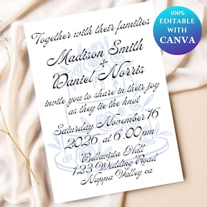 Plantilla de invitación de boda con caligrafía / Invitación editable en Canva / Boda minimalista / Carta manuscrita / Diseño elegante de invitación / Digital