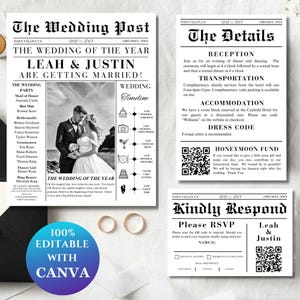 Wedding Newspaper Invitation Template Bundel, Program, RSVP Details Card, Wedding Invite QR Code Modern Printable, Customizable Stationary