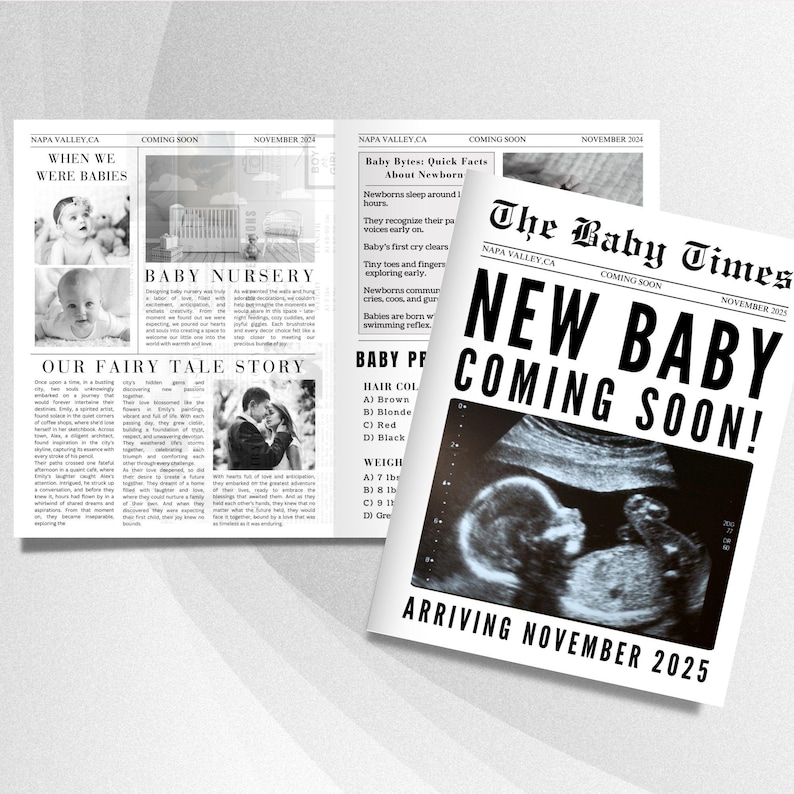 May include: A black and white newspaper announcement with the headline "New Baby Coming Soon!" and a sonogram image. The announcement is for a baby arriving in November 2025.