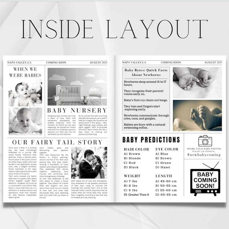 New Baby Announcement Newspaper, Baby On the Way Pregnancy Reveal Custom Newspaper Template for Baby Shower, Large newspaper baby, Canva zdjęcie 3