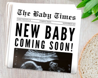 New Baby Announcement Newspaper, Baby On the Way Pregnancy Reveal Custom Newspaper Template for Baby Shower, Large newspaper baby, Canva