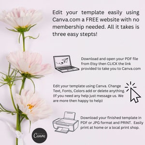 May include: A graphic illustration showing how to edit a template using Canva.com. The illustration shows a laptop, a printer, and a mouse cursor. The text reads "Edit your template easily using Canva.com a FREE website with no membership needed. All it takes is three easy steps! Download and open your PDF file from Etsy then CLICK the link provided to take you to Canva.com Edit your template using Canva. Change Text, Fonts, Colors add or delete anything. (If you need any help just message us. We are more then happy to help) Download your finished template in PDF or JPG format and PRINT. Easily print at home or a local print shop."