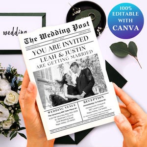 May include: A black and white wedding announcement in the style of a newspaper. The headline reads "The Wedding Post" and announces the marriage of Leah and Justin. The announcement includes the date, time, and location of the wedding ceremony and reception.
