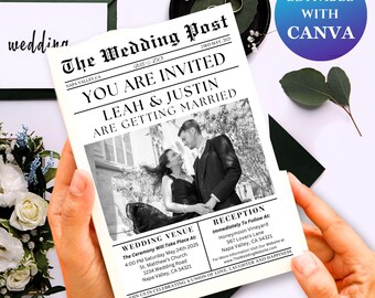 Wedding Newspaper Invitation Template Bundel, RSVP Details Card, Wedding Invite QR Code Modern Printable, Customizable Stationary, LM1004