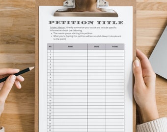 Könnte beinhalten: Ein schwarz-weißes Petitionsformular mit dem Titel "Petition Title" und einer Tabelle mit Spalten für Nummer, Name, E-Mail und Telefon. Das Formular befindet sich auf einer Klemmbrett.
