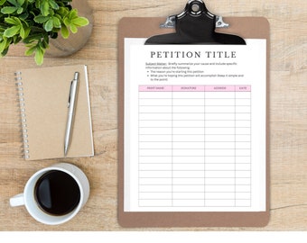 Könnte beinhalten: Ein leeres Petitionsformular mit dem Titel "Petition Title" und Spaltenüberschriften für "Print Name", "Signature", "Address" und "Date".