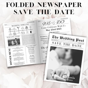 Wedding Newspaper Save The Date Template, Newspaper Invitations, Folded Newspaper Program Timeline, Elegant INSTANT Download #8303 Canva