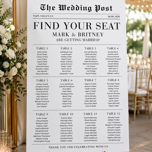Pode incluir: Um cartaz branco de plano de assentos de casamento intitulado The Wedding Post com texto preto. Lista os convidados para as mesas 1 a 12 para Mark e Britney em Napa Valley, CA, datado de 06.08.2028. O cartaz está num cavalete de metal dourado.