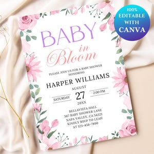 Invito "Baby in Bloom", invito per baby shower, invito per baby shower con fiori, invito per baby shower con fiori di campo, modello modificabile per bambino e bambina