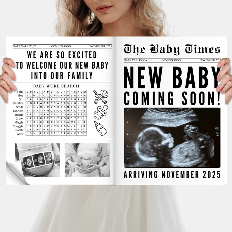 New Baby Announcement Newspaper, Baby On the Way Pregnancy Reveal Custom Newspaper Template for Baby Shower, Large newspaper baby, Canva zdjęcie 6