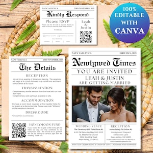 Op de afbeelding: Een huwelijksuitnodiging in krantenstijl met een zwart-wit ontwerp. De kop is "Newlywed Times" en de tekst eronder zegt "U bent uitgenodigd Leah & Justin trouwen". De uitnodiging bevat details over de huwelijksceremonie en receptie, inclusief datum, tijd en locatie. Een foto van het bruidspaar is te zien in het midden van de uitnodiging.