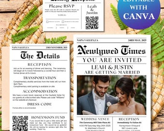 Wedding Newspaper Invitation Template, RSVP Details Card, Wedding Invite QR Code Modern Classic Printable, Customizable Stationary, LM1003
