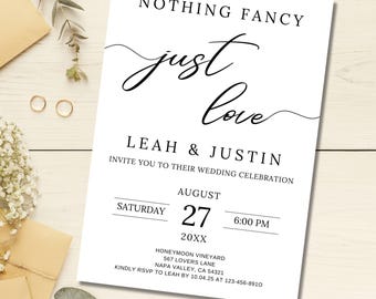 Nothing Fancy Just Love Invitation, Minimalist Wedding Elopement Announcement Card, Customizable Stationary, Modern Reception Invite, LM1006