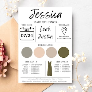 Bridesmaid Info Card Template, Editable Bridal Party Info Card, Modern Minimalist Bridesmaid Information Card, Bridesmaid Infographic Card