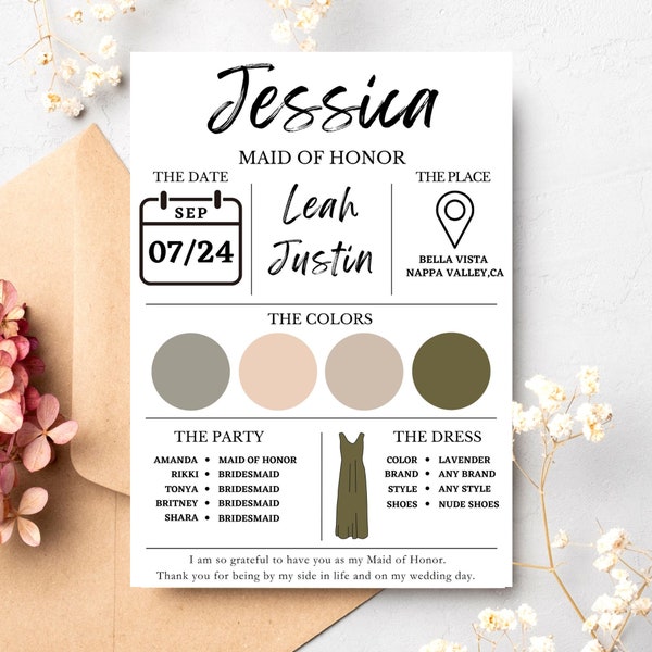 Bridesmaid Info Card Template, Editable Bridal Party Info Card, Modern Minimalist Bridesmaid Information Card, Bridesmaid Infographic Card