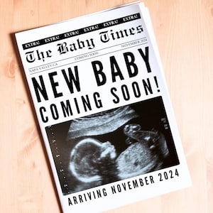 Nuovo giornale per l'annuncio del bambino, modello di giornale personalizzato per la rivelazione della gravidanza del bambino in arrivo per il baby shower, giornale di grandi dimensioni per bambini, Canva