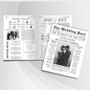 Puede incluir: Un anuncio de boda en blanco y negro estilo periódico para Leah & Justin. El titular dice "La boda del año" y el subtítulo dice "¡Leah & Justin se casan!" El anuncio incluye una foto de la pareja, una lista de los eventos de la boda y una lista de los miembros de la fiesta de bodas.