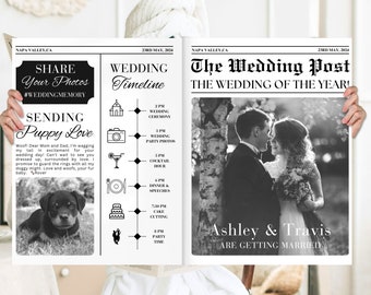 Zeitungs- Hochzeitsprogramm-Vorlage, bearbeitbares Hochzeitszeitungspapierprogramm, gefaltetes Hochzeitsprogramm, Hochzeitszeitung Canva Edit, DIY, #8303