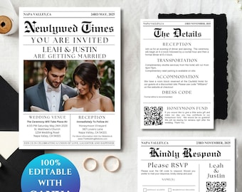 Wedding Newspaper Invitation Template Bundle, RSVP Details Card, Wedding Invite QR Code Modern Printable, Customizable Stationary, LM1003