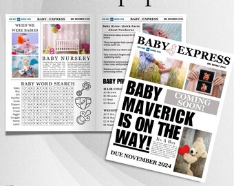 Newspaper pregnancy announcement template, New Baby News, Canva newspaper pregnancy announcement Baby shower games editable Baby Stats Sign
