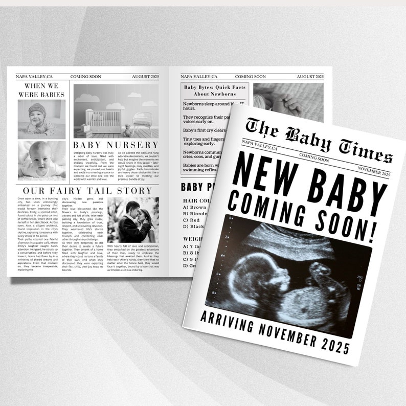 New Baby Announcement Newspaper, Baby On the Way Pregnancy Reveal Custom Newspaper Template for Baby Shower, Large newspaper baby, Canva zdjęcie 2