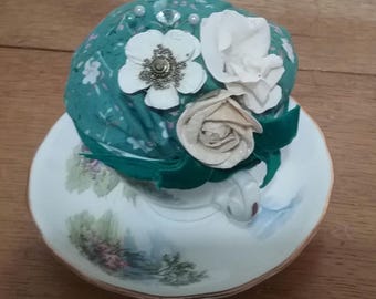 Upcycled Teacup Pincushion, Vintage Bone China Pin Cushion, Floral Sewing Gift, Handmade Cottagecore Pincushion
