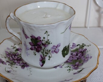 English Bone China Teacup Soy Candle in a violets pattern.  Victorian Teacup Soy wax candle