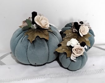 Set of 3 Pale Blue Velvet Pumpkins - Floral Autumn Decor