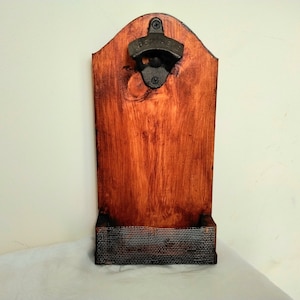 Hand crafted Rustic Wall Mounted Bottle Opener, Handmade Beer Bottle Opener, Rustic wood wall mounted bottle opener.