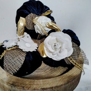 Handmade deep blue Velvet pumpkins Set of 3 - Fall Table Decor with Flowers and leaves.