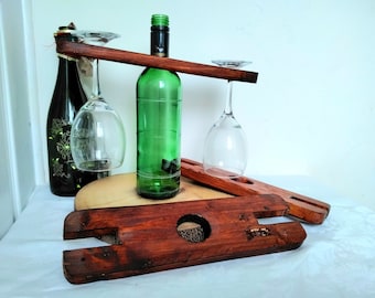 Rustic reclaimed wood wine glass caddy for two glasses. Father's day gift, Wine lover's gift