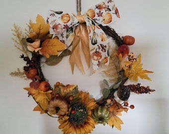 Autumn Pumpkin and Sunflower Wreath, Fall front door wreath