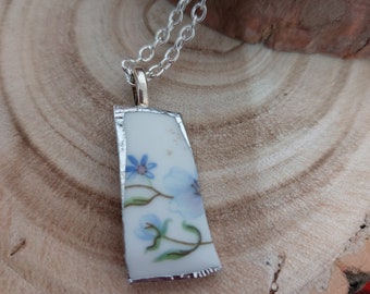 Handmade necklace with a broken china pendant. Handmade broken china pendant necklace, Blue, green and white broken china necklace