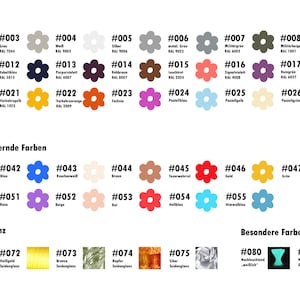 May include: A chart of color swatches with numbers and names for each color. The colors are organized into three categories: Standard Colors, Matte Colors, Standard Colors, Slightly Shimmering Colors, and Metallic Colors, Silk Sheen. The chart includes a variety of colors, including black, white, gray, red, orange, yellow, green, blue, purple, brown, and pink.